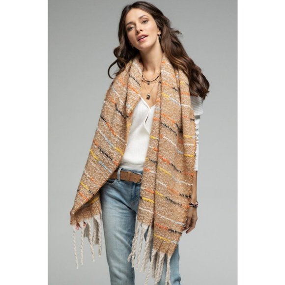 NEW Colorful Stitch with Metallic Glitz Soft Fringe Tassel Oblong Scarf Beige - Picture 3 of 8